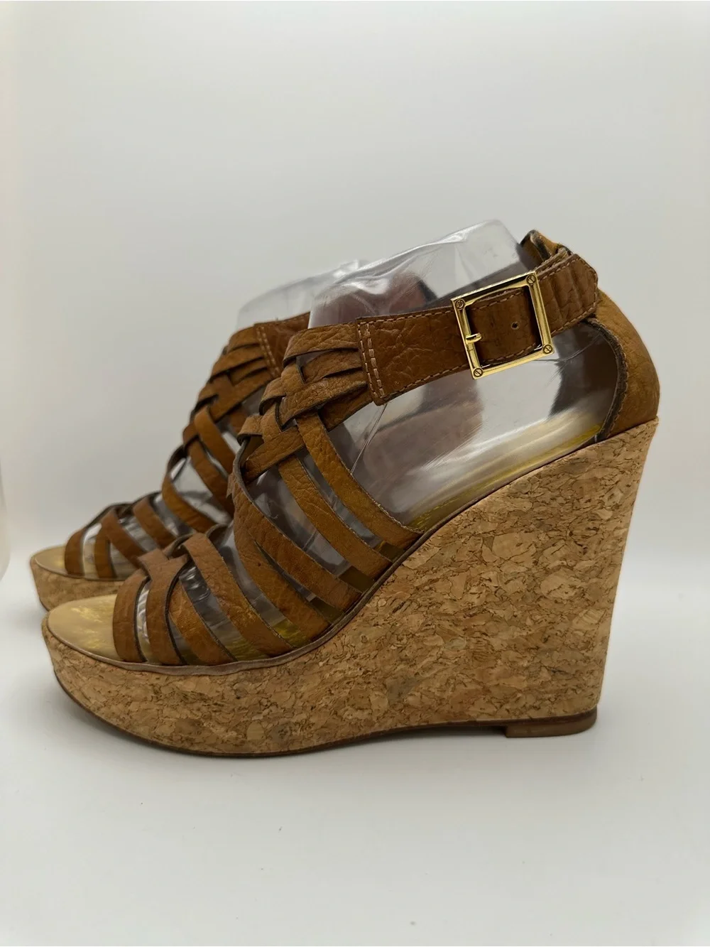 Tory Burch Tan Woven Leather Cork Platform Wedge Sandals Size 9M
